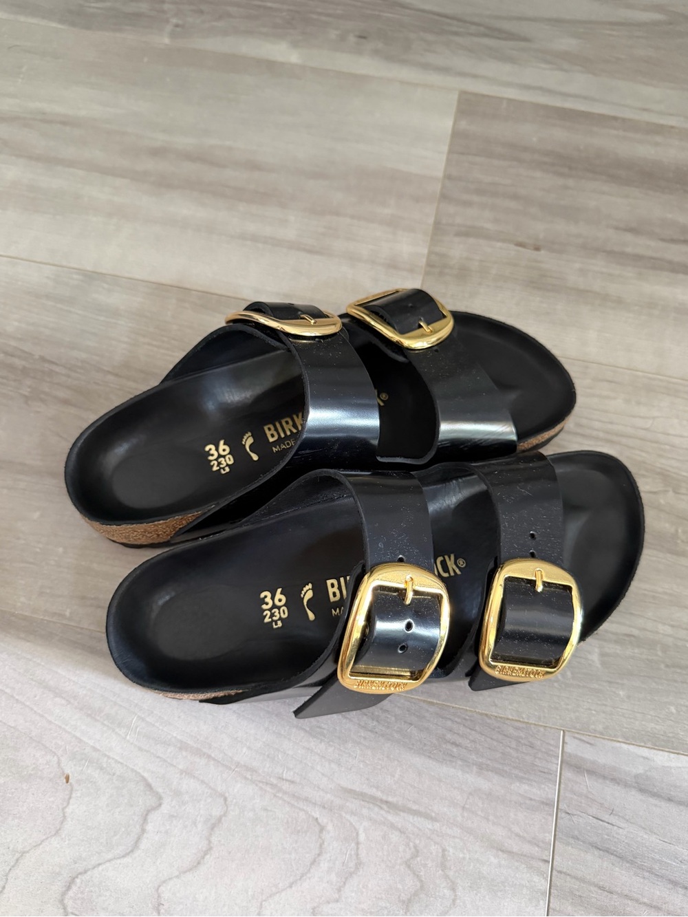 Birkenstock Black Arizona Sandals with Gold Buckles - Women's